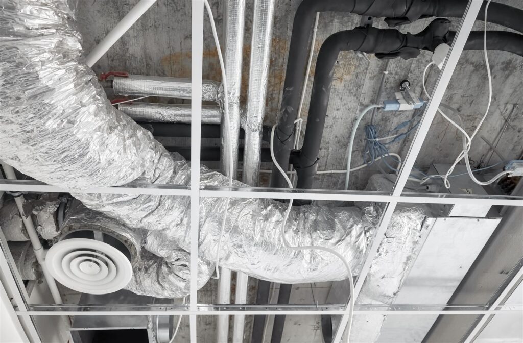Insulated HVAC ductwork installed above a ceiling