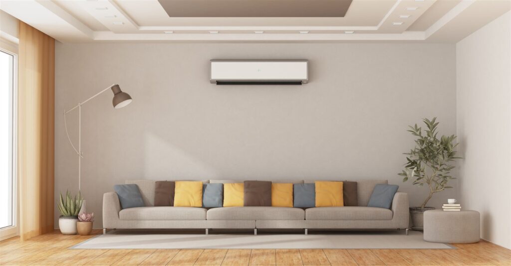 Modern living room with a wall-mounted ductless air conditioner